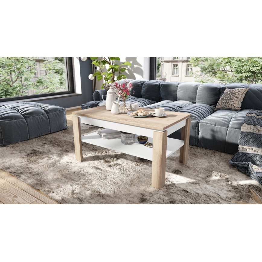 Table basse extensible avec plateau relevable et étagère ADEN chêne sonoma/blanc