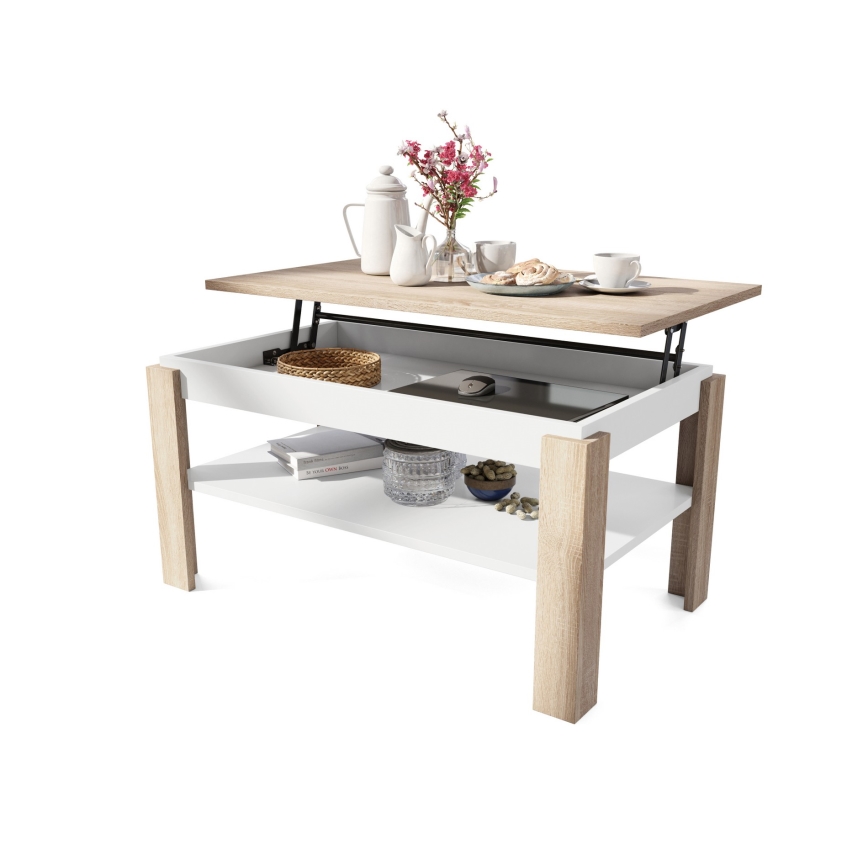 Table basse extensible avec plateau relevable et étagère ADEN chêne sonoma/blanc