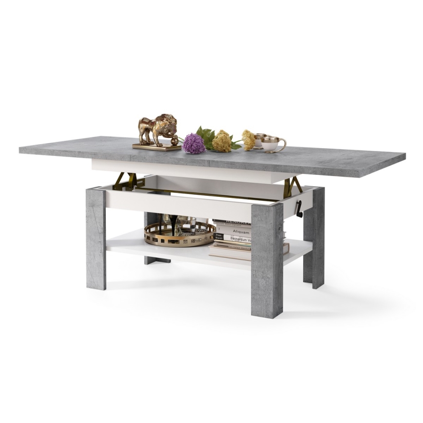 Table basse extensible avec plateau relevable ROY 130/170x65 cm gris béton/blanc