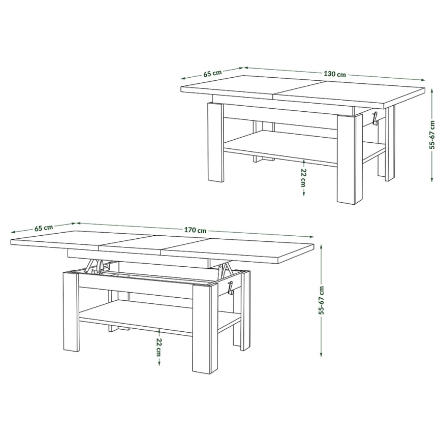 Table basse extensible ROY 130/170x65 cm, blanche, avec plateau relevable