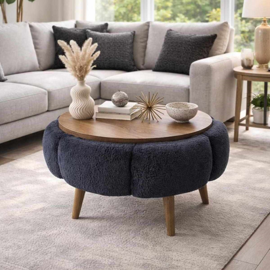Table basse FELPO Ø 60 cm bleu/noyer
