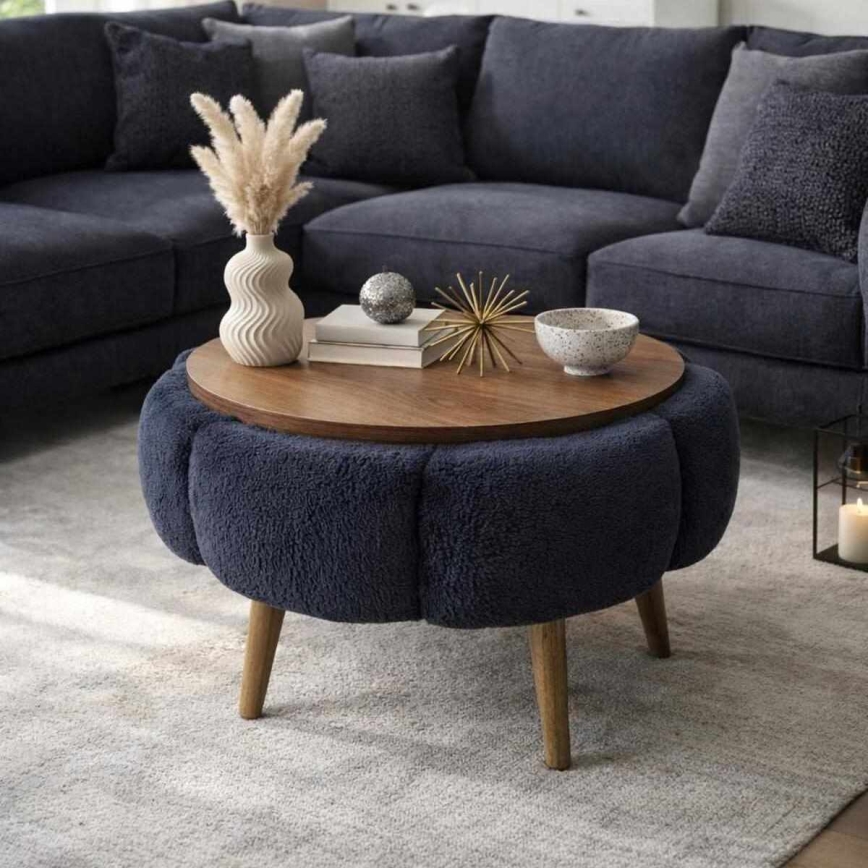 Table basse FELPO Ø 60 cm bleu/noyer