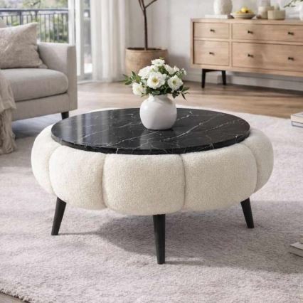 Table basse FELPO Ø 60 cm noir/blanc/décor marbre