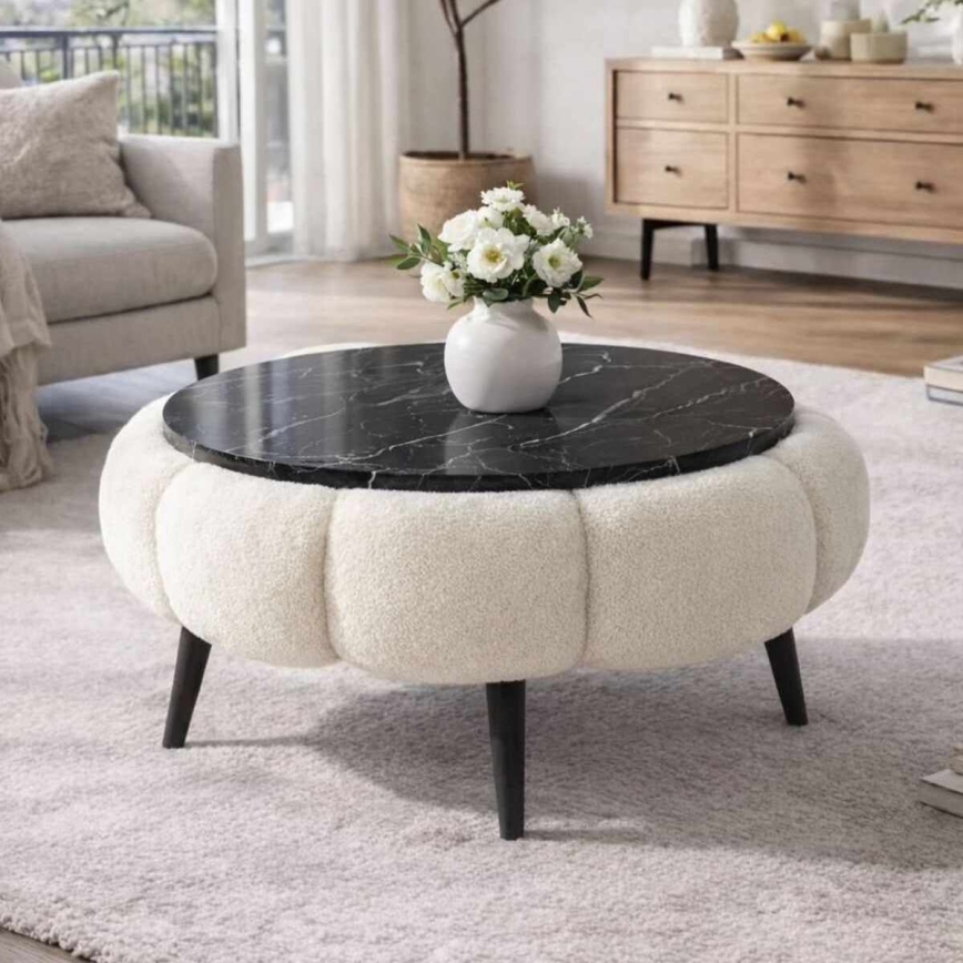 Table basse FELPO Ø 60 cm noir/blanc/décor marbre