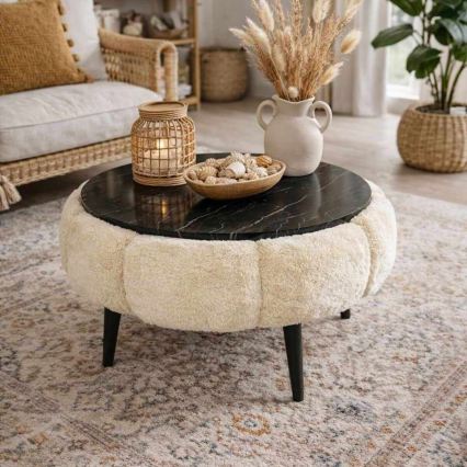 Table basse FELPO Ø 60 cm noir/crème/décor marbre
