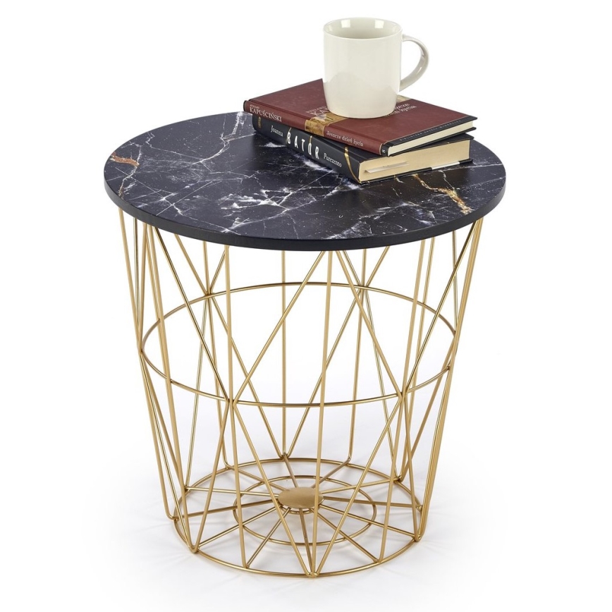 Table basse HARISSA 41x42 cm doré/noir décor en marbre