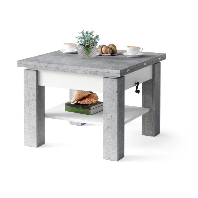 Table basse pliable avec couvercle relevable avec étagère CALEB gris/blanc