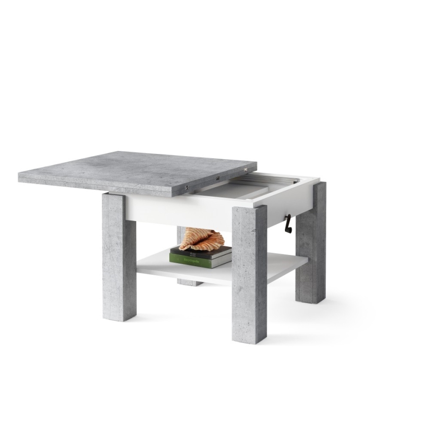 Table basse pliable avec couvercle relevable avec étagère CALEB gris/blanc