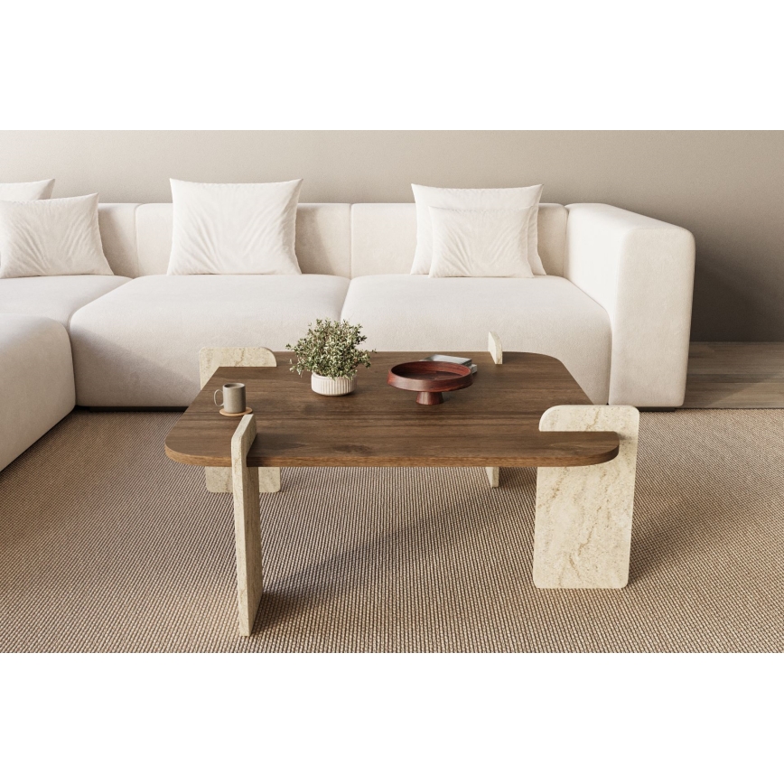 Table basse PURO 90 x 90 cm noyer/travertin