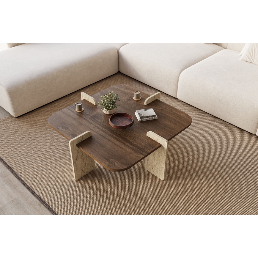 Table basse PURO 90x90 cm noyer/travertin