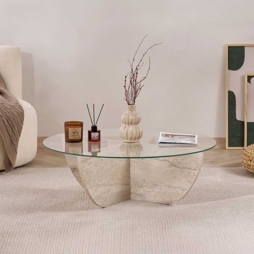 Table basse VERE Ø 90 cm en travertin/verre transparent