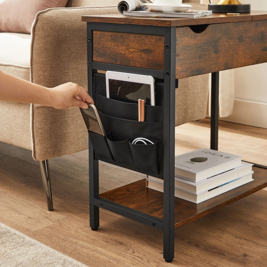 Table d'appoint ELDUR avec prises électriques intégrées et ports USB — marron/noir