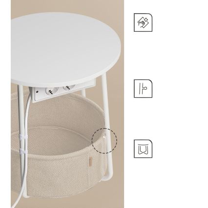 Table d'appoint NOIRA 45 cm avec prises électriques intégrées et ports USB, beige/blanc