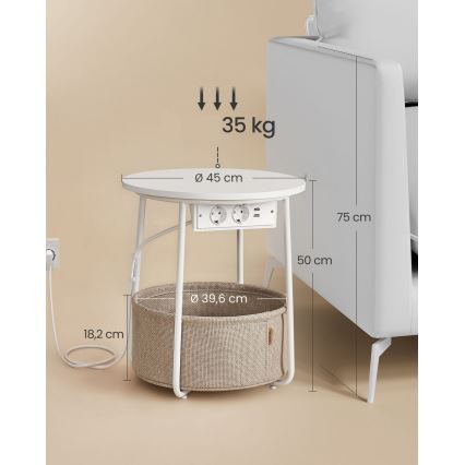 Table d'appoint NOIRA 45 cm avec prises électriques intégrées et ports USB, beige/blanc