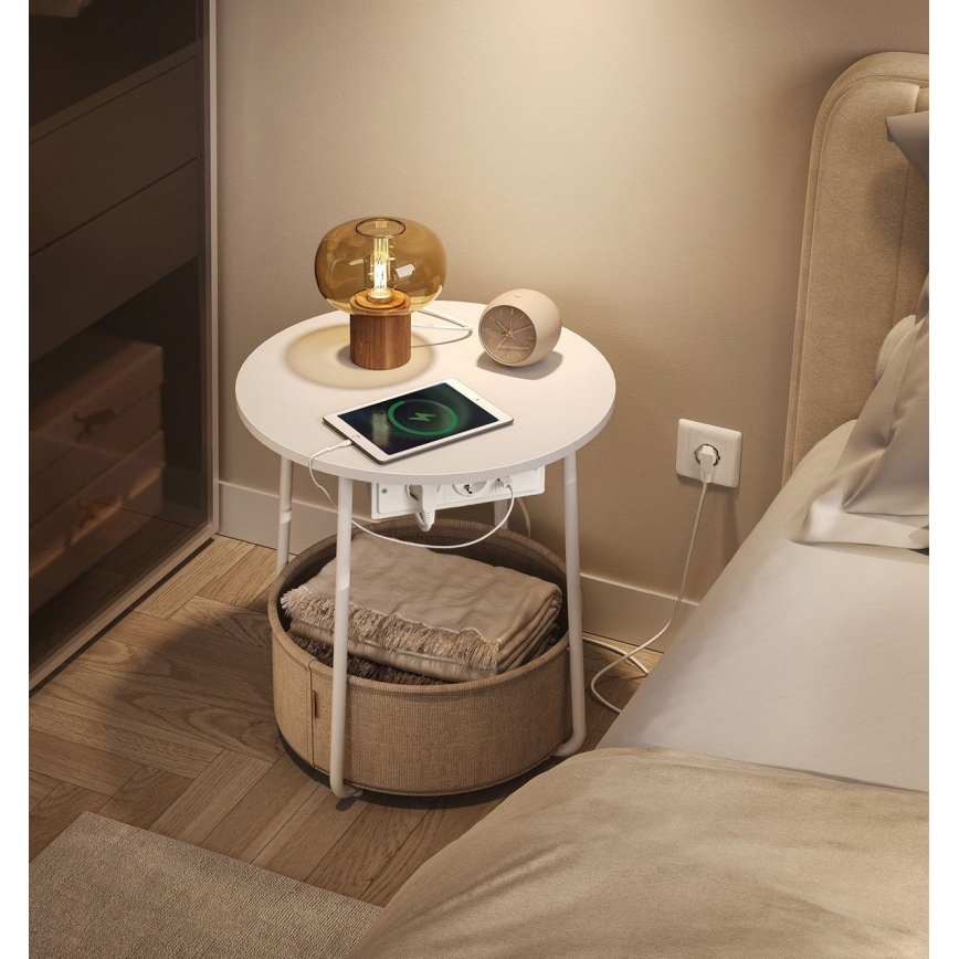 Table d'appoint NOIRA avec prises et ports USB intégrés, beige/blanc