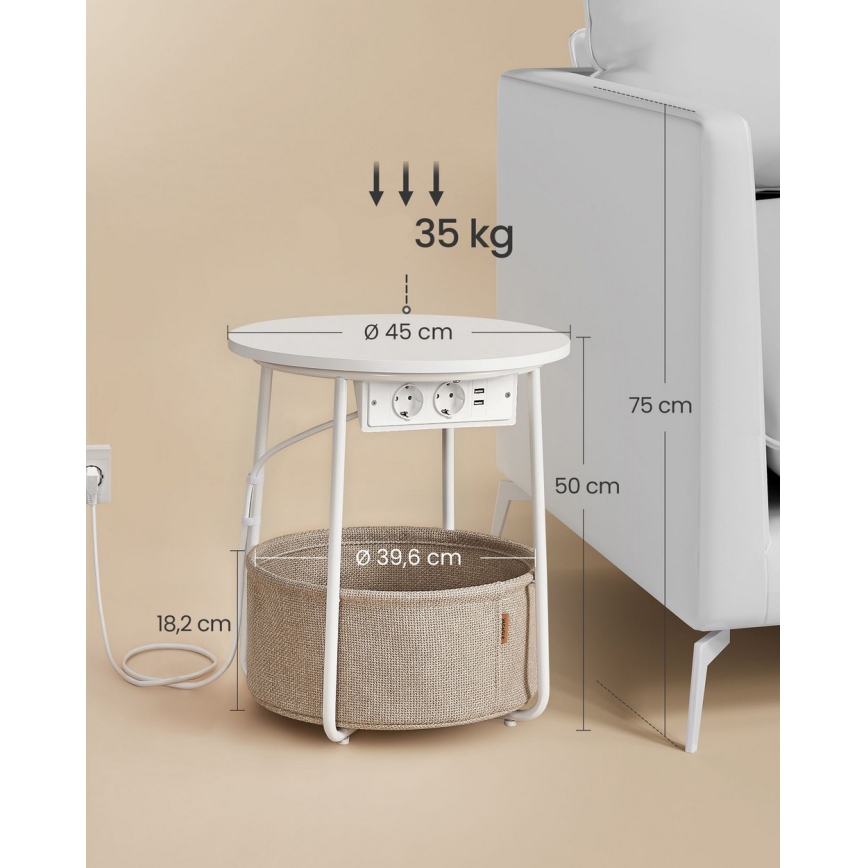 Table d'appoint NOIRA avec prises et ports USB intégrés, beige/blanc