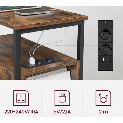Table d'appoint ROD avec tiroirs intégrés et ports USB, marron/noir