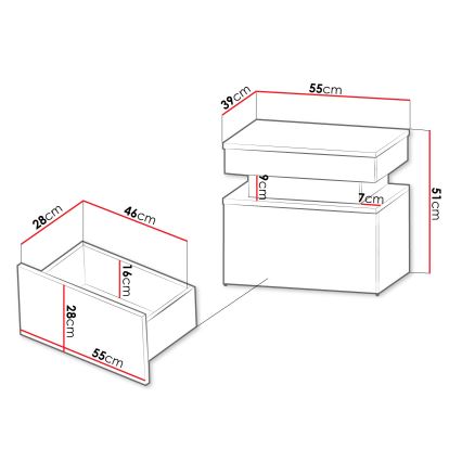 Table de chevet GLOSSA 55 x 51 cm avec éclairage LED intégré, finition noir/noir brillant