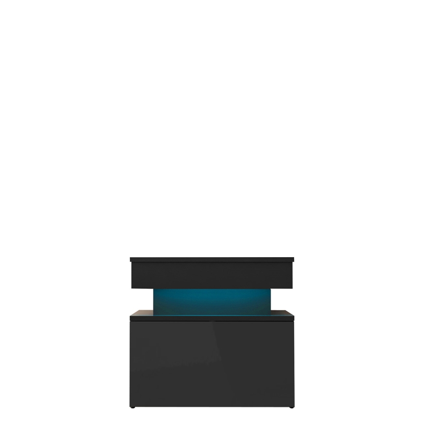 Table de chevet GLOSSA avec éclairage LED 51x55 cm, noir / noir laqué