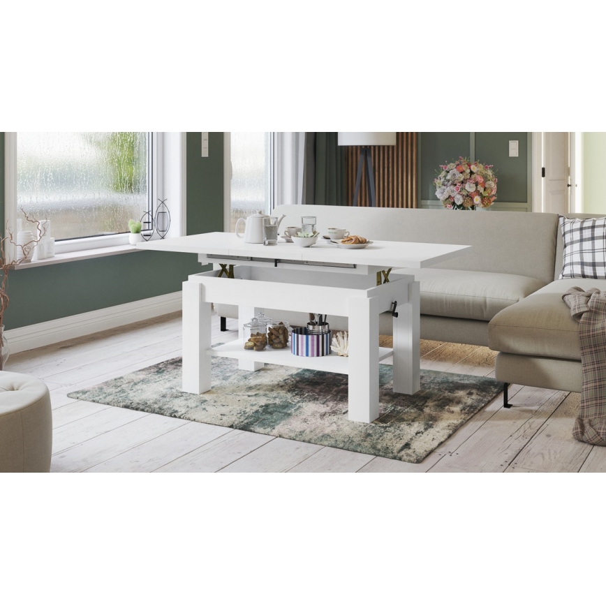 Table extensible (basse/à manger) avec étagère ADONIS, blanche