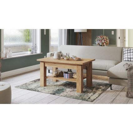 Table extensible (basse/à manger) avec étagère ADONIS, finition chêne craft