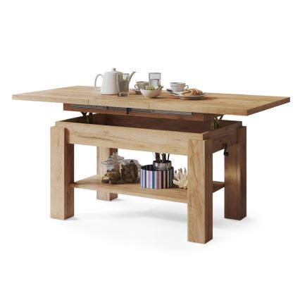 Table extensible (basse/à manger) avec étagère ADONIS, finition chêne craft