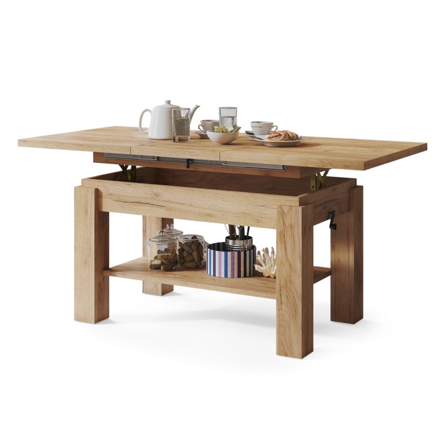 Table extensible (basse/à manger) avec étagère ADONIS, finition chêne craft