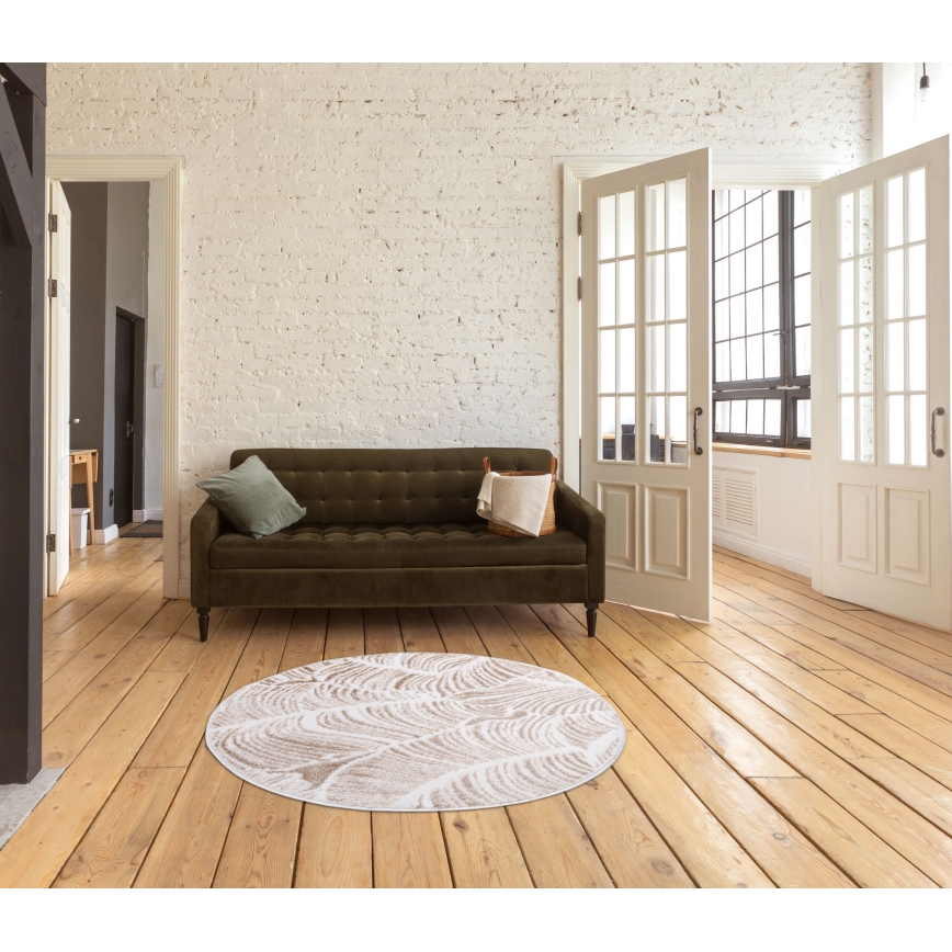 Tapis rond SALAMANCA 100 cm beige/blanc à motif de feuilles
