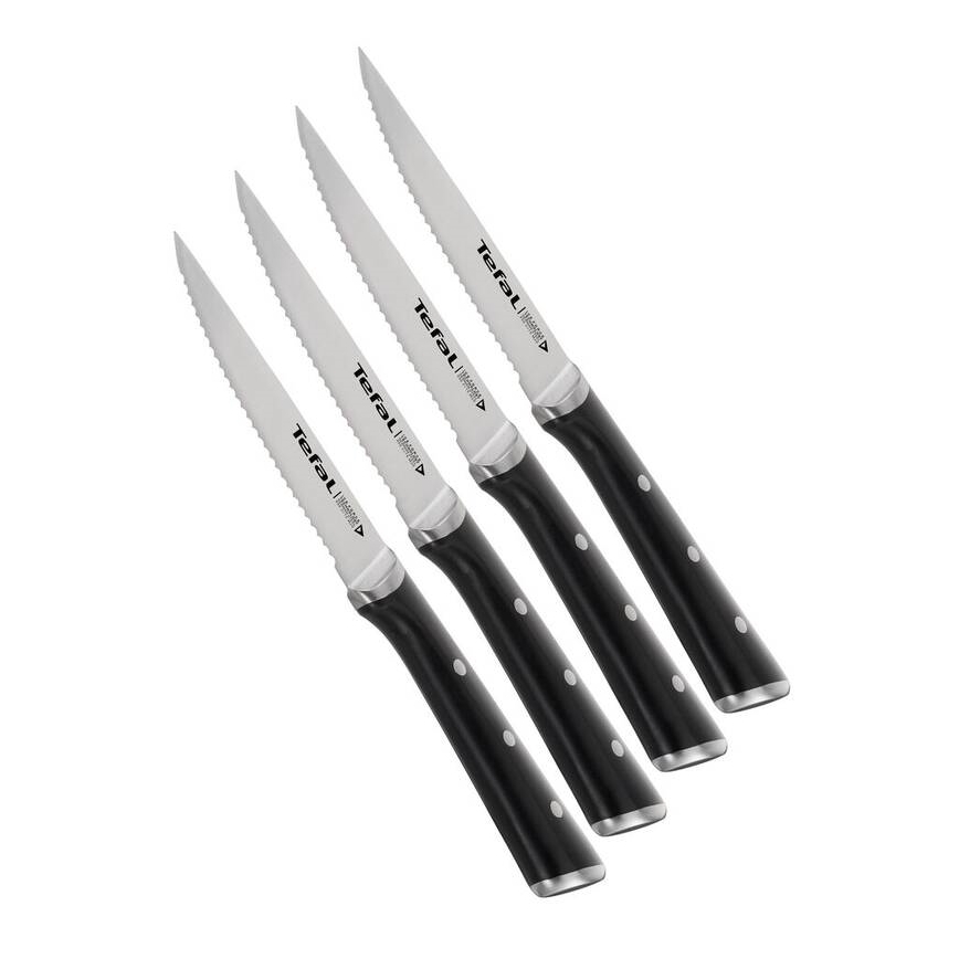 Tefal - Ensemble de 4 couteaux à steak ICE FORCE en acier inoxydable, 11 cm, chrome brillant/noir
