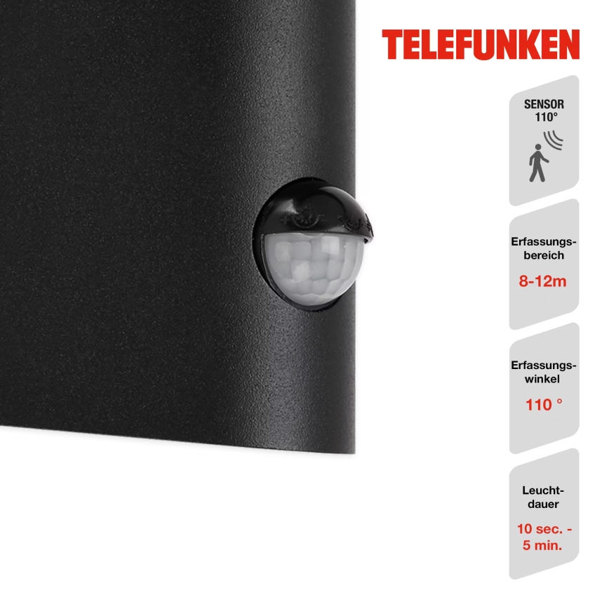 Telefunken 312505TF-LED Wandlamp voor buiten met sensor LED/10W/230V IP44 zwart
