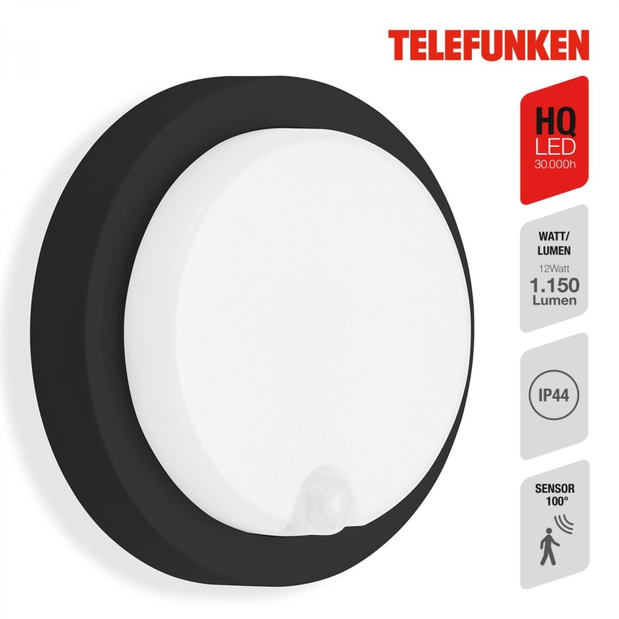 Telefunken 315305TF - Applique murale extérieure avec détecteur LED/12W/230V IP44 noir