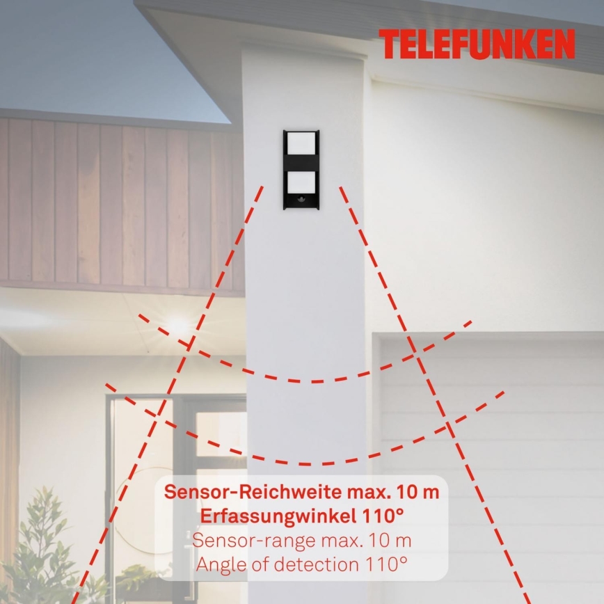 Telefunken 321105TF - Applique murale extérieure avec détecteur 1xE27/12W/230V IP44 noir