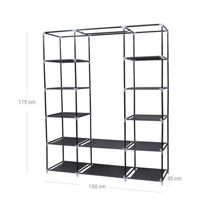Textielkast MATIS met planken en kledingstang 150x175x45 cm zwart