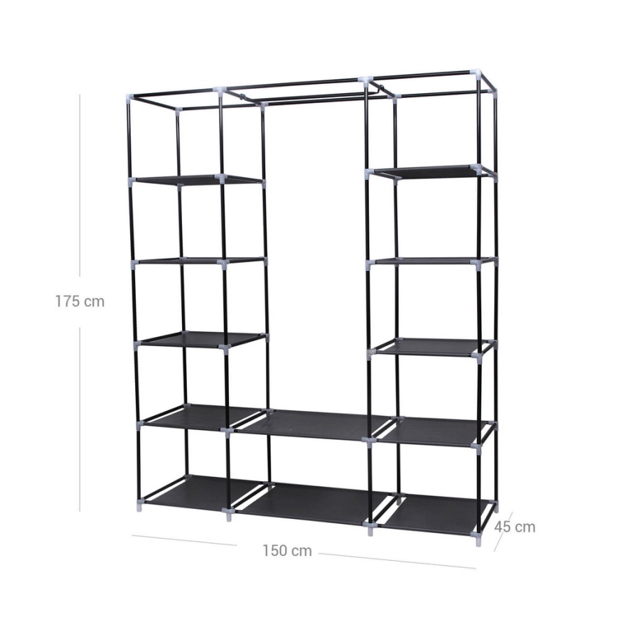 Textielkast MATIS met planken en kledingstang 150x175x45 cm zwart