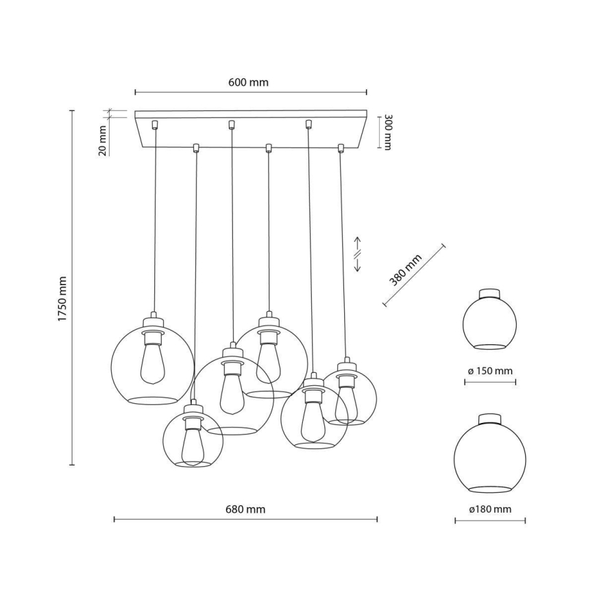 TK Lighting 2164 - Hanglamp aan koord CUBUS 6xE27/60W/230V