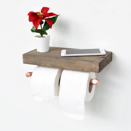 Toiletrolhouder met plankje BORU 12x30 cm vurenhout/koper