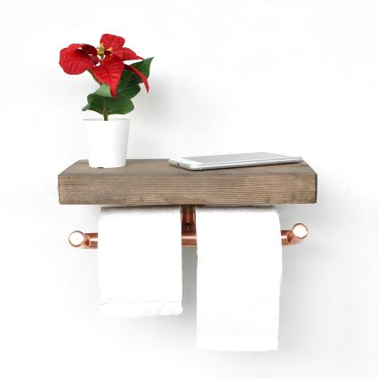 Toiletrolhouder met plankje BORU 12x30 cm vurenhout/koper