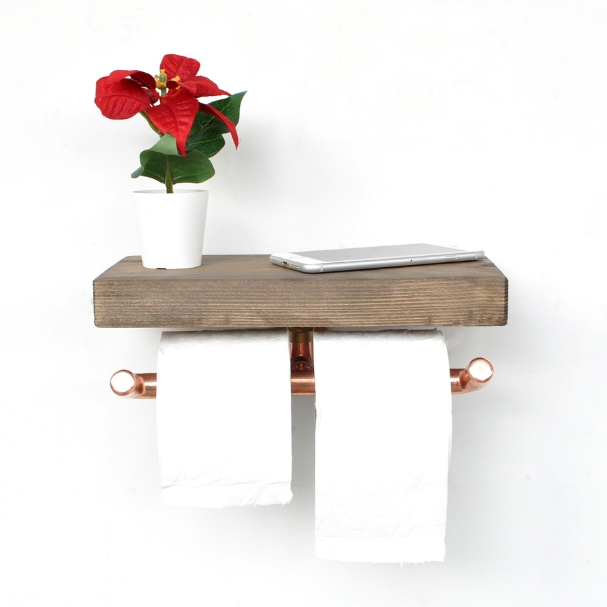 Toiletrolhouder met plankje BORU 12x30 cm vurenhout/koper