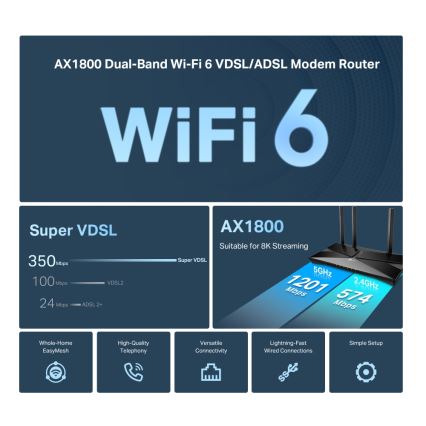 TP-Link - Modem routeur VDSL/ADSL bi-bande avec Wi-Fi 6 Archer VX1800V