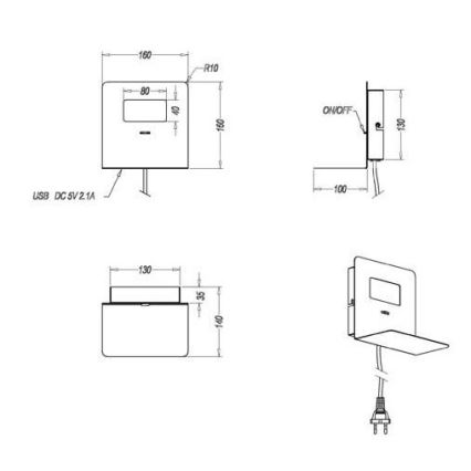 Trio - LED Wandlamp met plank ALOFT LED / 3W / 230V + USB poort