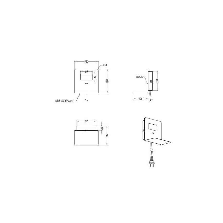 Trio - LED Wandlamp met plank ALOFT LED / 3W / 230V + USB poort