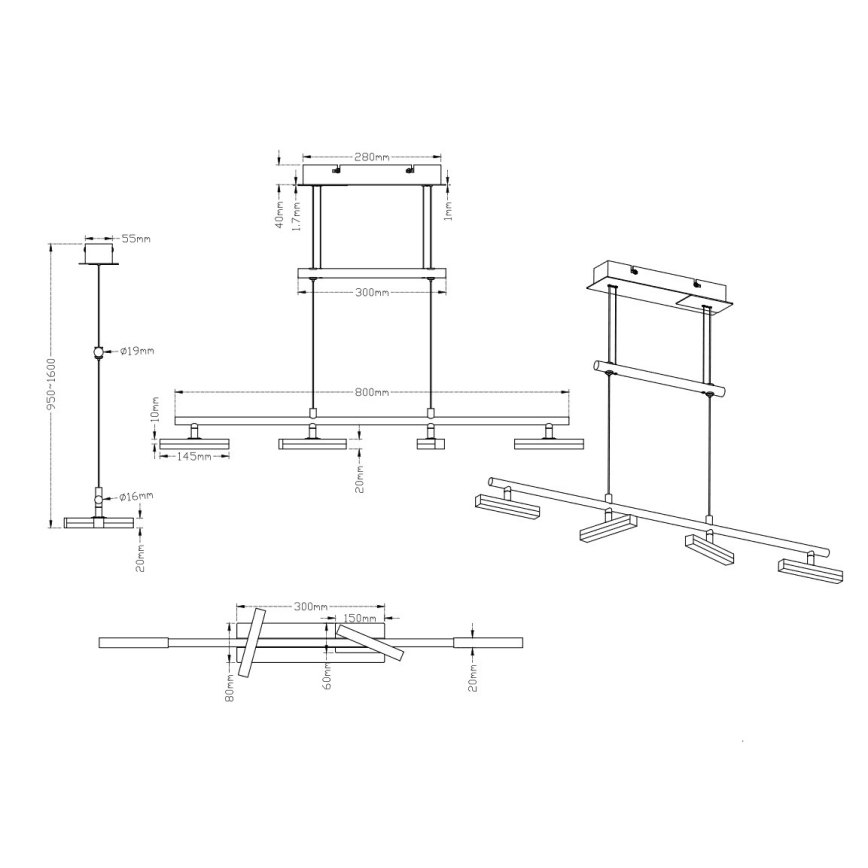 Trio - Suspension fil LED à intensité variable OPIUM 4xLED/4,5W/230V