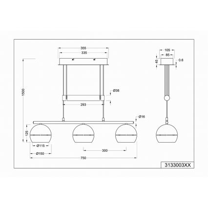 Trio - Suspension filaire FLETCHER 3xE14/40W/230V chrome mat