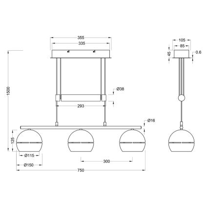 Trio - Suspension filaire FLETCHER 3xE14/40W/230V laiton