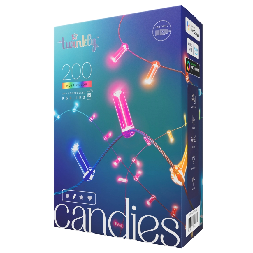 Twinkly - CANDIES RGB-dimbaar LED-lichtsnoer, 200 LEDs, 14 m, USB, Wi‑Fi
