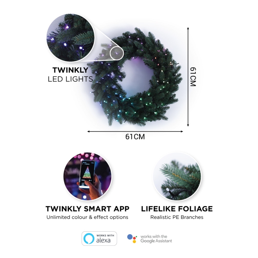 Twinkly - LED RGB À intensité variable Couronne de Noël PRE-LIT WREATH 50xLED d. 61cm Wi-Fi