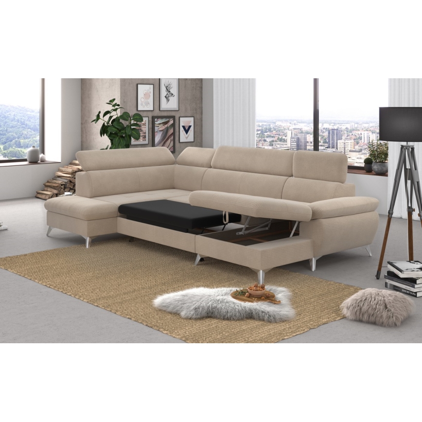 U-vormige opvouwbare hoekbank met opbergruimte CATANIA links beige