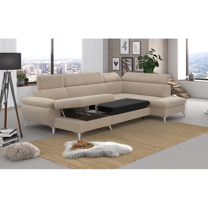 U-vormige opvouwbare hoekbank met opbergruimte CATANIA rechts beige
