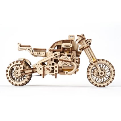 Ugears - 3D houten mechanische puzzel Scrambler-motorfiets met kar