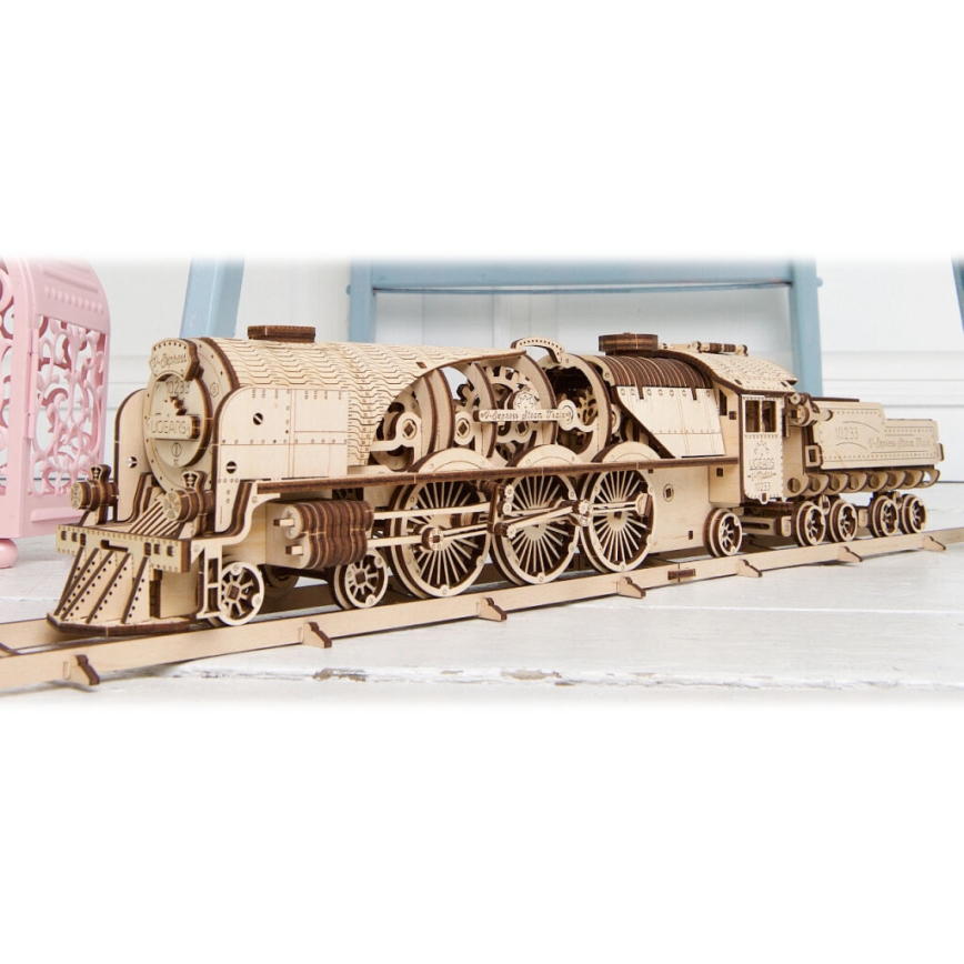 Ugears - 3D houten mechanische puzzel V-Express stoomlocomotief met tender